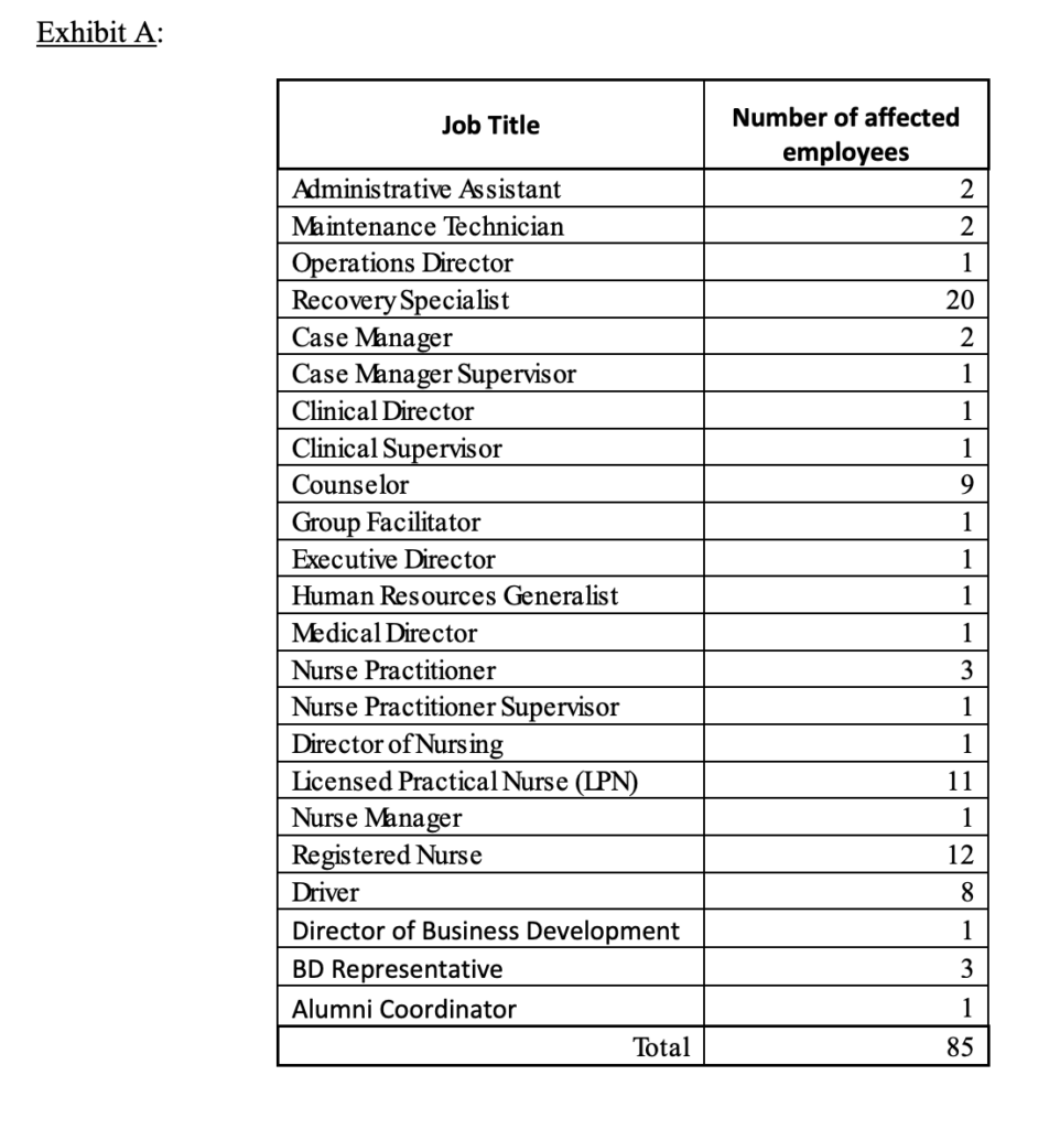 A table showing the job titles and number of employees of the people laid off. A total of 85 employees were laid off.